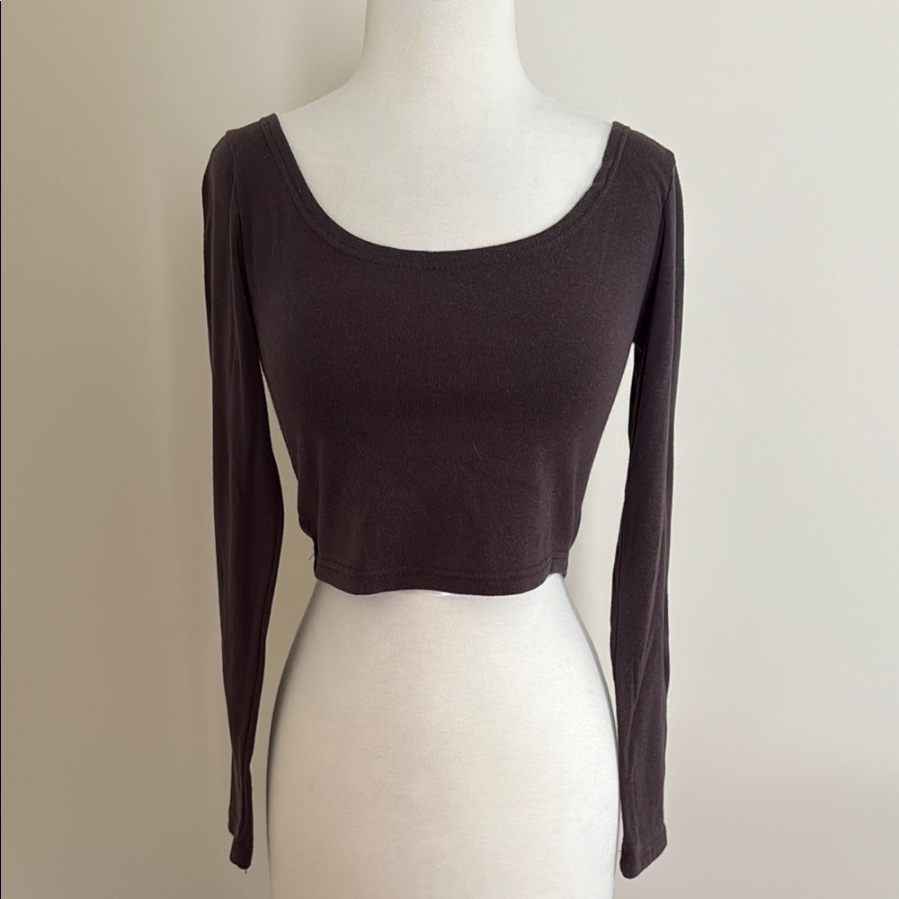 Lewkin Women's Brown Scoop Neck Long Sleeve Cropped Top Size XS